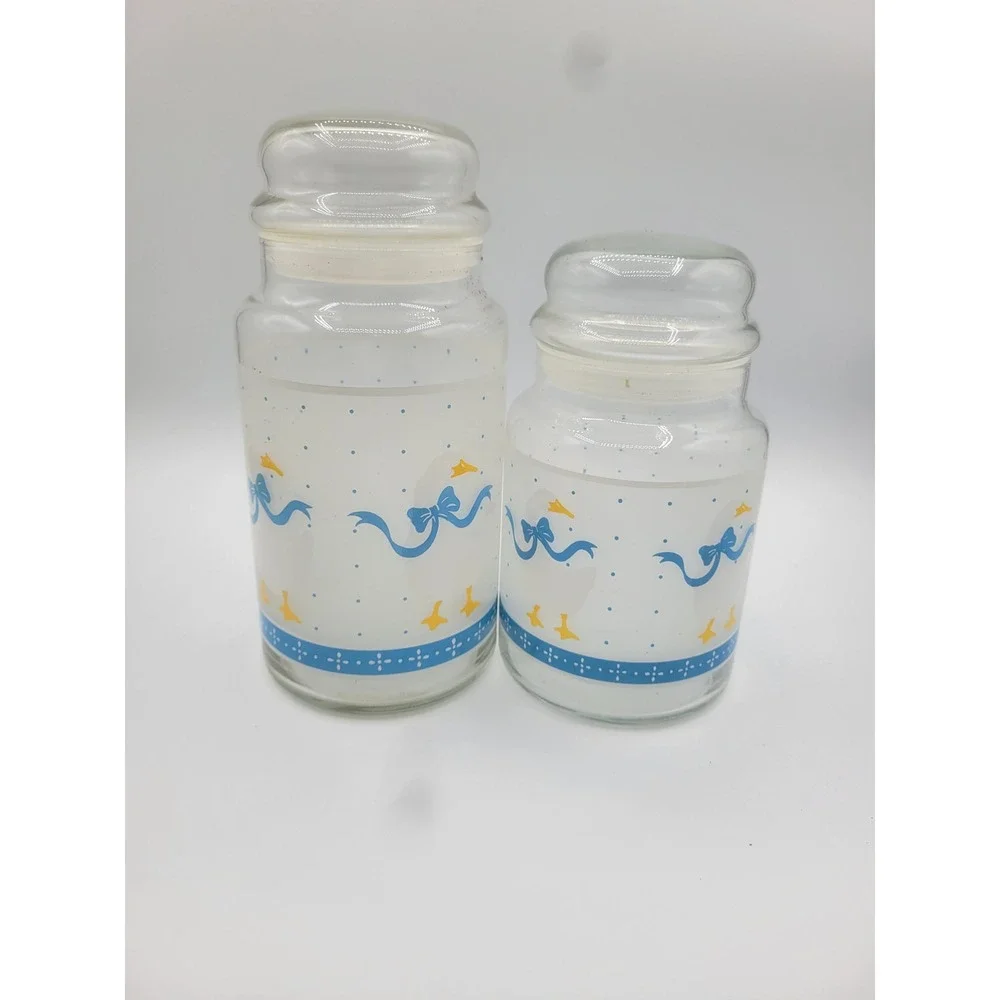 Vintage Country Goose Glass Canister Set Blue Ribbon Farmhouse Kitchen Jars 2pc